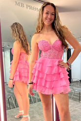 Lace Short tiered homecoming Dress Sweetheart Ruffles Chiffon Mychicdress